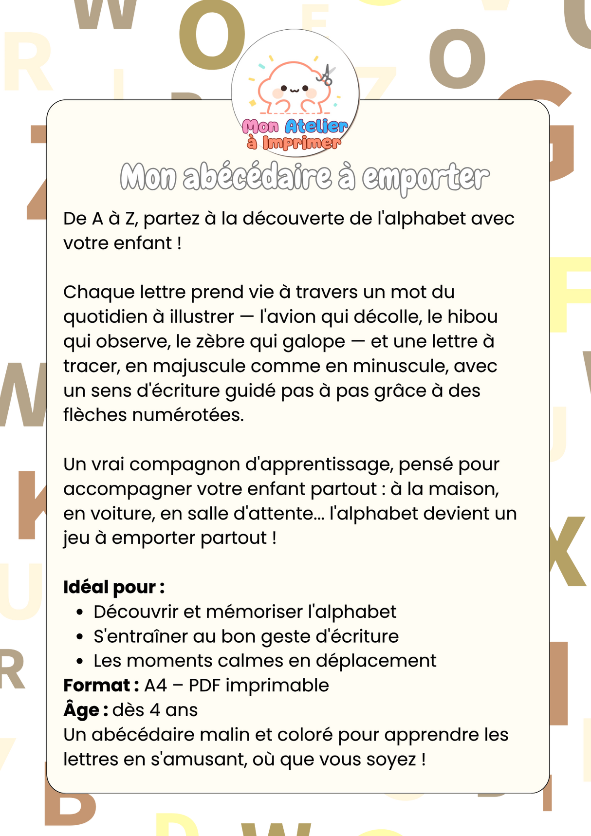 Mon abécédaire à emporter — J'apprends les mots et à tracer les lettres - Produit Digital (PDF)