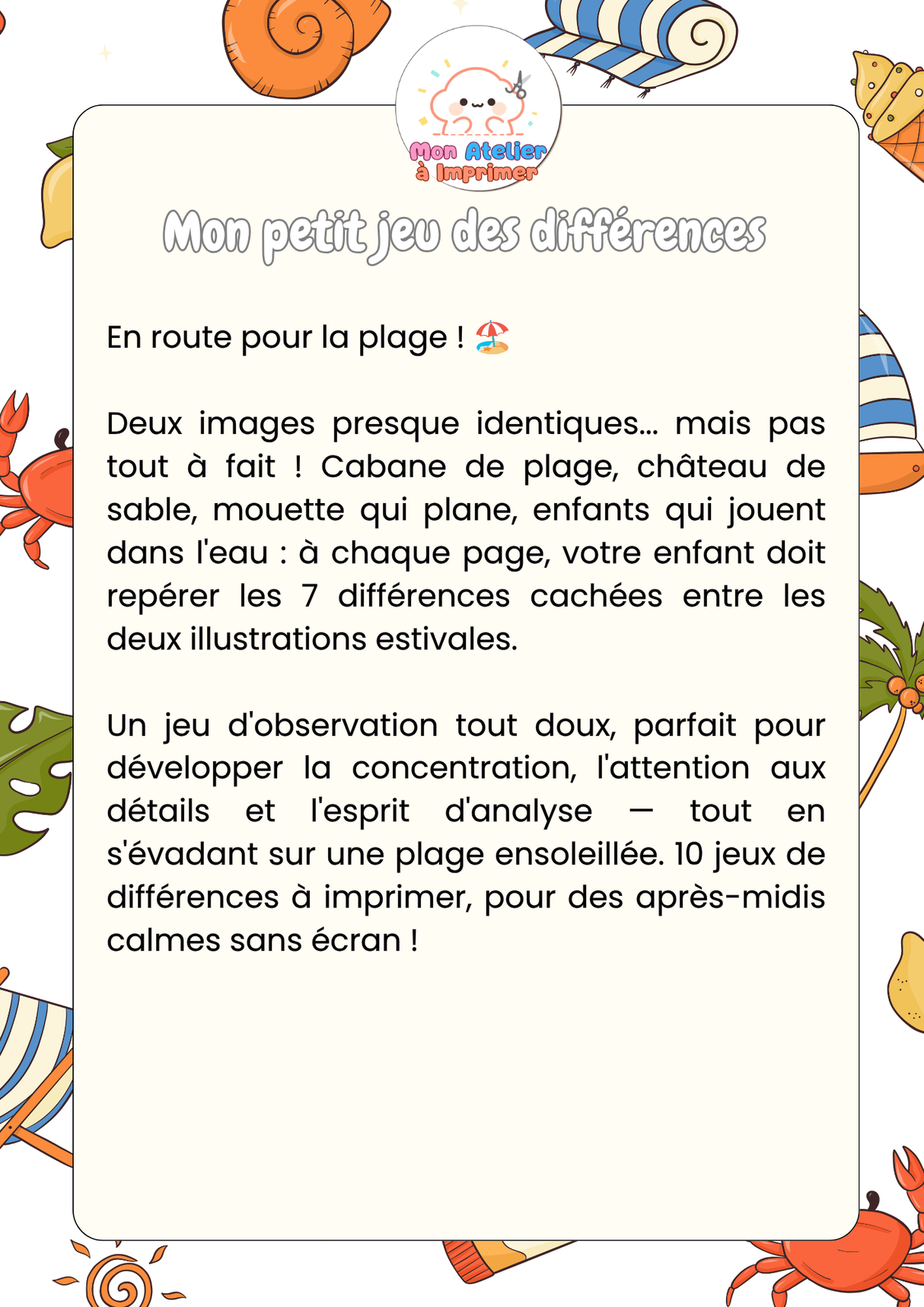 Mon petit jeu des différences – Spécial Plage - Produit Digital (PDF)