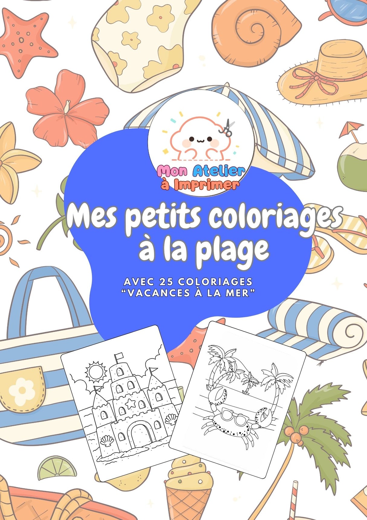 Mes petits coloriages à la plage — 25 coloriages à imprimer spécial vacances à la mer - Produit digital (PDF)