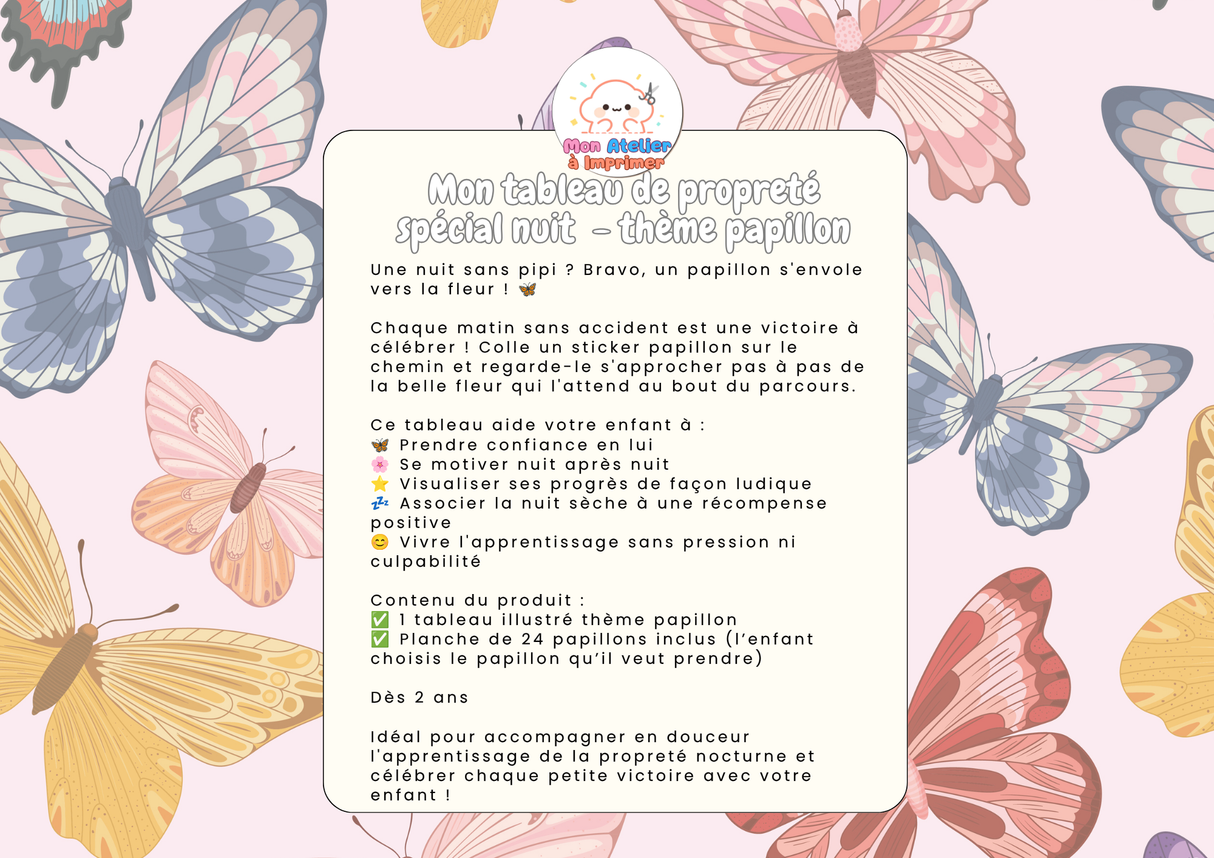 Tableau de propreté - Spécial Nuit - Thème Papillon - Produit Digital (PDF)