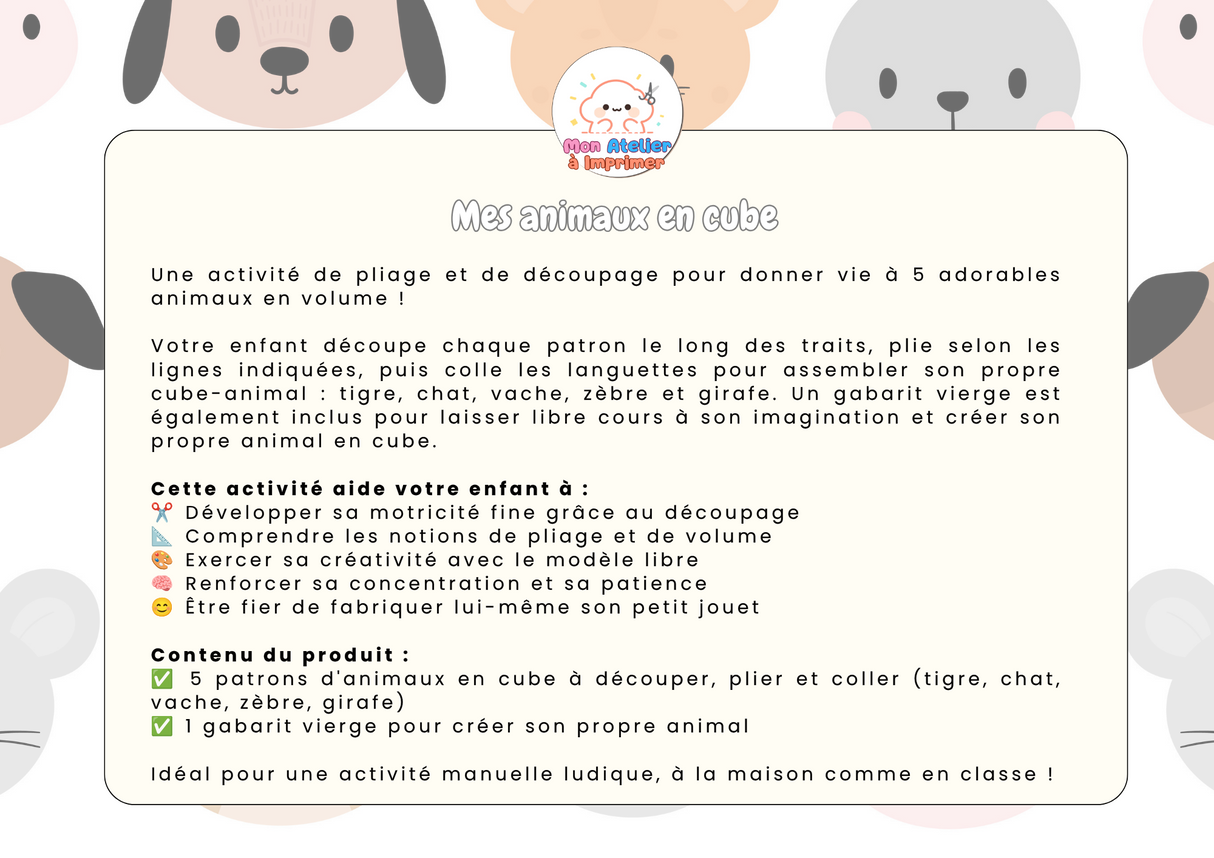 Mes petits animaux en cubes — 5 animaux à découper et assembler - Produit Digital (PDF)