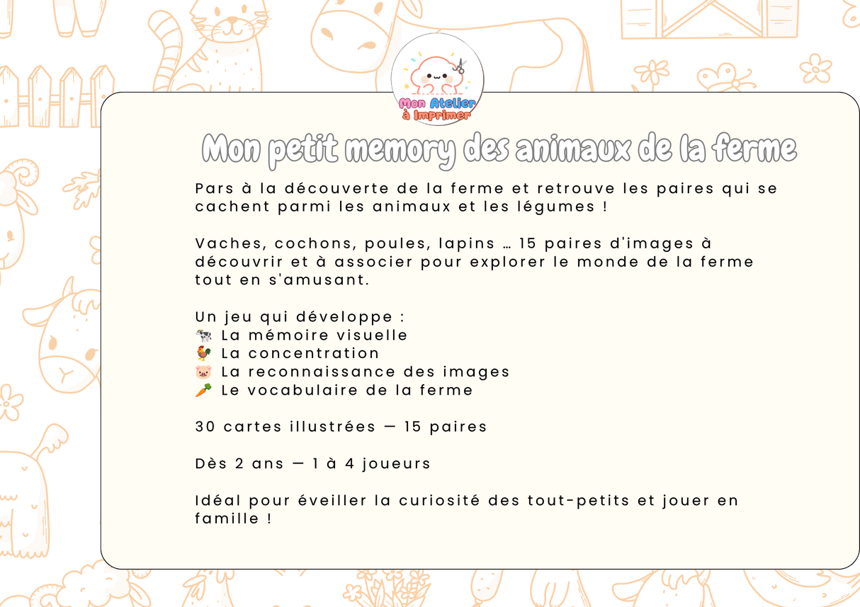 Mon petit memory des animaux de la ferme - Produit digital (PDF)