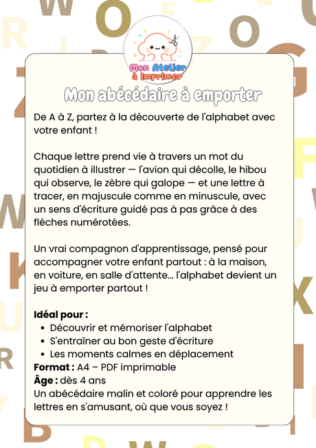 Mon abécédaire à emporter — J'apprends les mots et à tracer les lettres - Produit Digital (PDF)