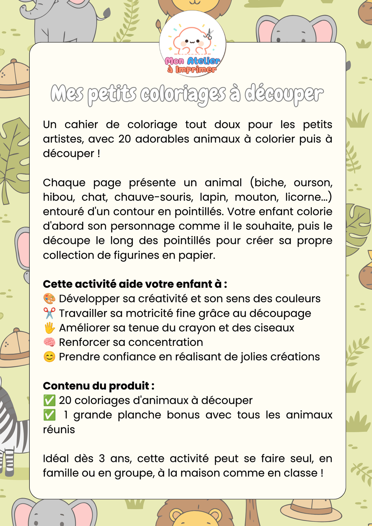 Mes petits coloriages à découper — 20 coloriages animaux - Produit digital (PDF)