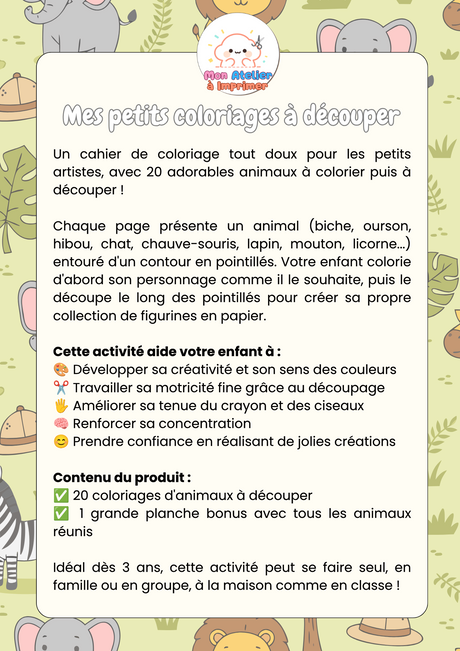 Mes petits coloriages à découper — 20 coloriages animaux - Produit digital (PDF)