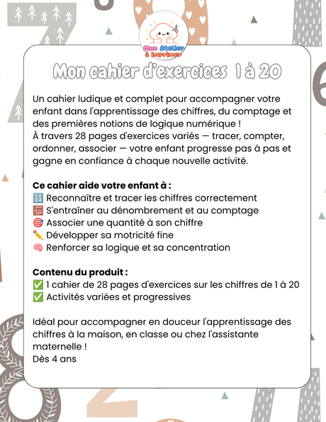 Mon cahier d'exercices sur les chiffres (1 à 20) - Produit digital (PDF)