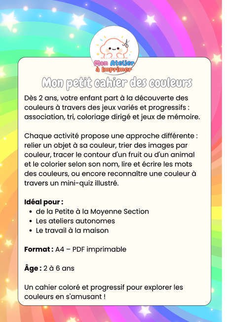 Mon petit cahier des Couleurs – 10 activités à imprimer (2-6 ans) - Produit Digital (PDF)
