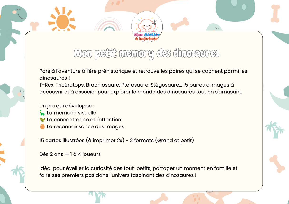 Mon Petit Memory des Dinosaures - Produit digital (PDF)