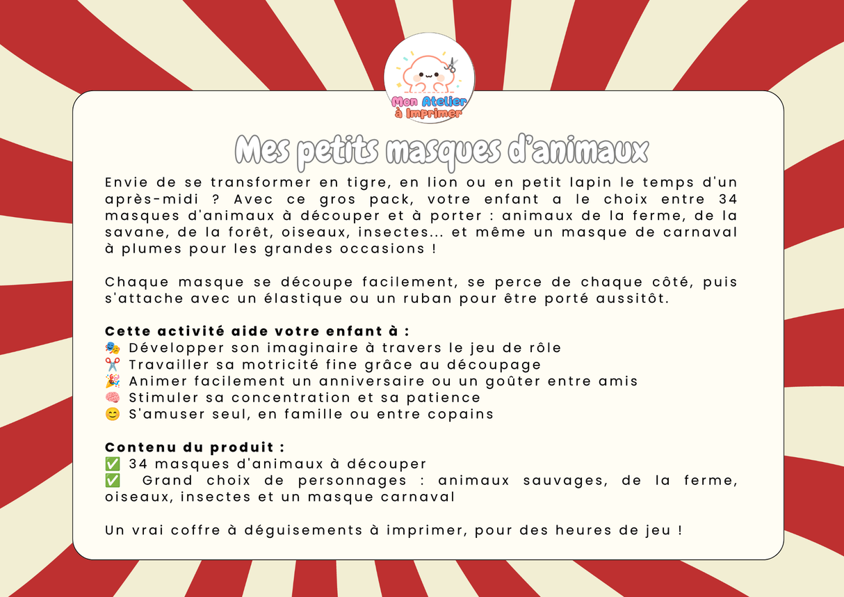 Mes petits masques d'animaux — Gros pack de 34 masques à découper - Produit Digital (PDF)