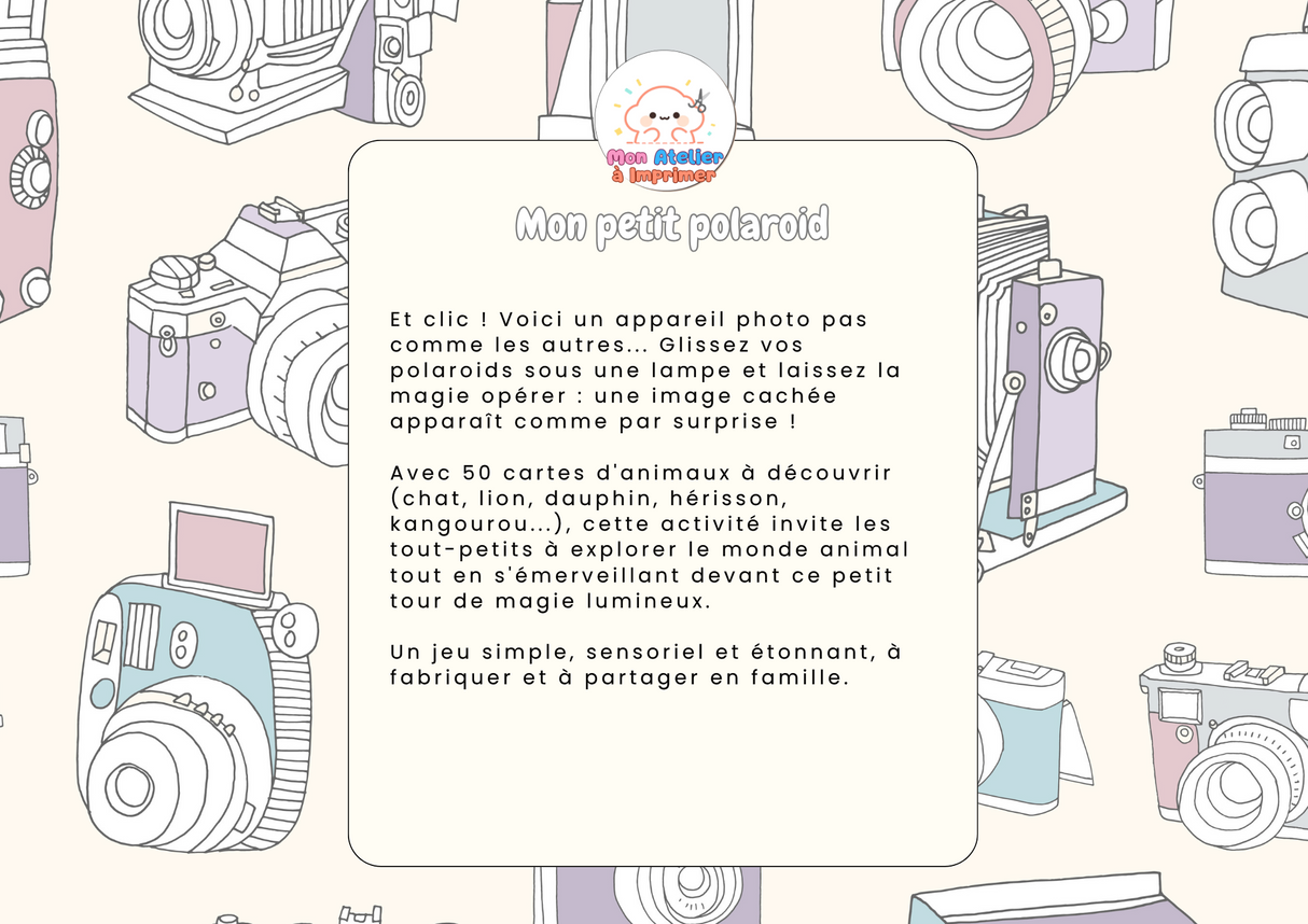 Mon petit Polaroid – Activité découverte 50 cartes d'animaux à imprimer (dès 1 an) - Produit Digital (PDF)